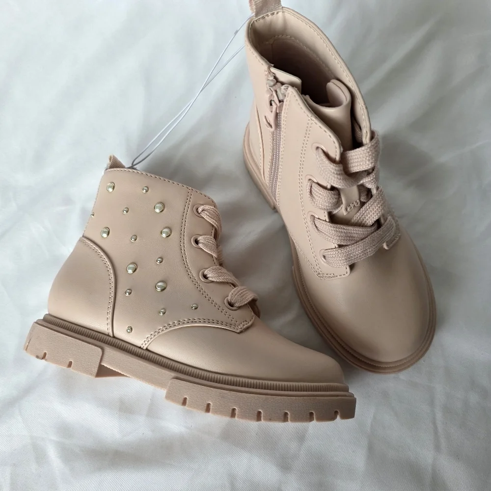 Cat & Jack Boots Blush Pink Amaya Lace Up Zipper Combat Boots With Pearls Baby